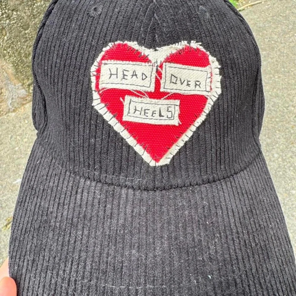 Black Embroidered Baseball Cap Corduroy Head Over Heels Red White Punk Handmade